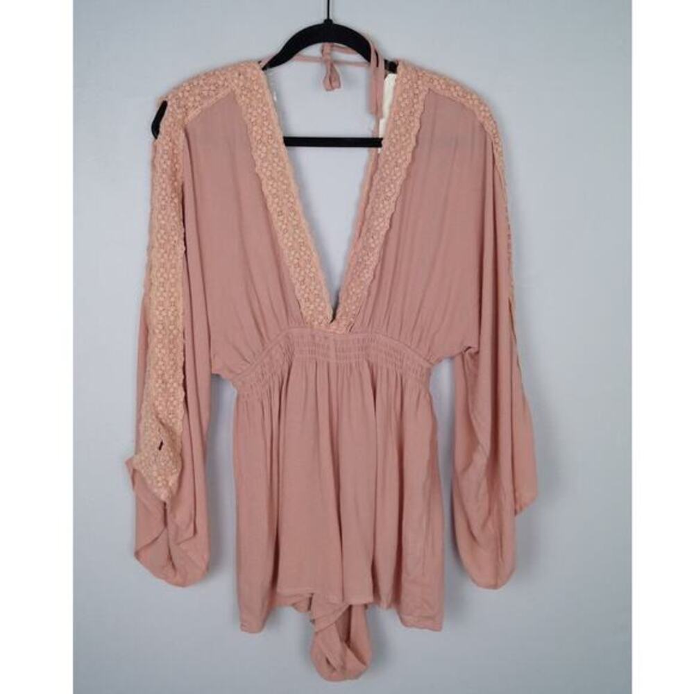 In the Beginning Deep V-neck‎ Romper Cold Shoulder Long Sleeve Blush Pink Medium